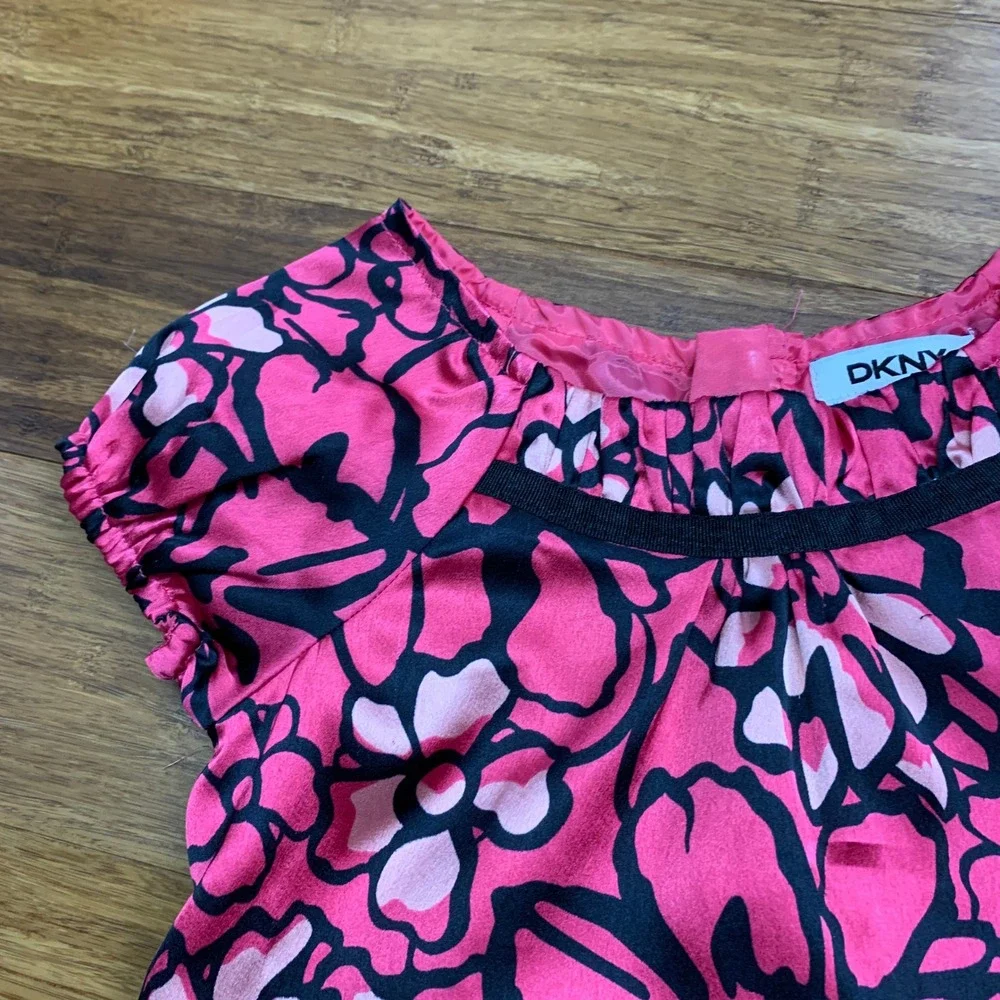 DKNY Girls Pink Floral Print Short Sleeve‎ Dress Size 3T Satin Summer Bright